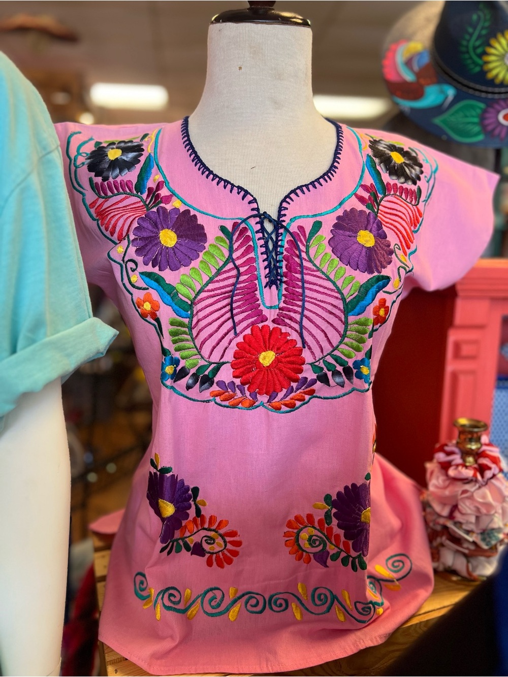 Hand-Embroidered Pink Floral Peasant Blouse